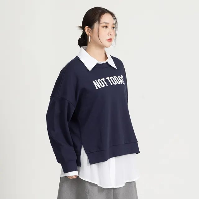 【M：MINb】not today下擺開開衩不卡臀大學T(深藍/中大尺碼女裝/大尺碼女裝/XL女裝/上衣/大尺碼上衣/T恤)