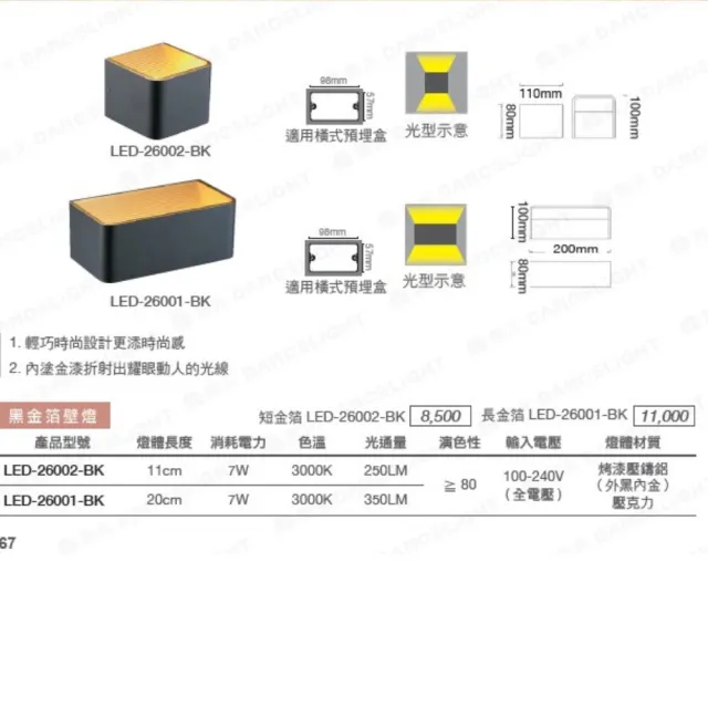 【DanceLight 舞光】金箔壁燈 雙燈 黑色/白色 2年保固 全電壓 造型壁燈 單燈金箔壁燈(適用橫式預埋盒)