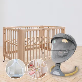 【i-Smart】原生初紋櫸木嬰兒床+電動安撫搖籃+置物盒+蚊帳(好夢4件組｜成長床｜斜躺搖籃｜電動搖椅)