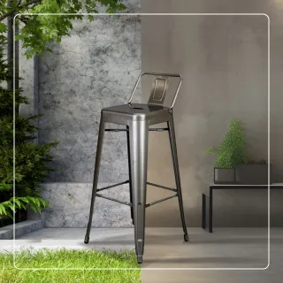 【E-home】豪搭工業風金屬低背吧檯椅-座高61cm 4色可選(高腳椅 餐椅 戶外椅)