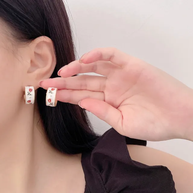 【INES】S925銀針耳釘 鬱金香耳釘 C圈耳釘/韓國設計S925銀針法式復古鬱金香花朵彩釉C圈耳釘 耳環(2色任選)