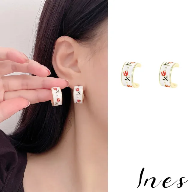 【INES】S925銀針耳釘 鬱金香耳釘 C圈耳釘/韓國設計S925銀針法式復古鬱金香花朵彩釉C圈耳釘 耳環(2色任選)