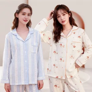 【Chic Chic 琪琪】1套組-長袖雙層嬰兒紗療癒居家睡衣(長袖睡衣/純棉紗/柔軟親膚/居家服/睡衣套裝)