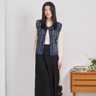 【IENA】小香毛呢流蘇邊格紋針織背心(#5263106 小香風背心；黑色)