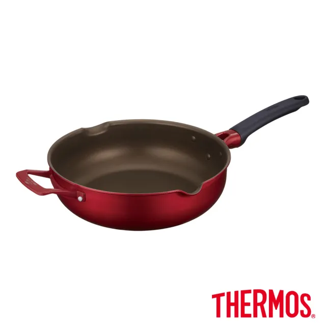 【THERMOS 膳魔師】厚鑄耐摩不沾鍋單柄附耳深煎鍋28cm(KFJ-028W-R)