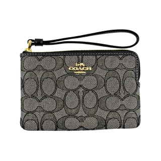 【COACH】C LOGO皮革掛帶L型拉鍊萬用手拿包(金銀蔥C/緹花黑色)