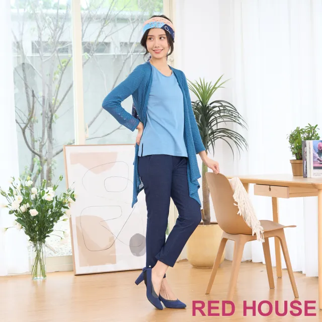 【RED HOUSE 蕾赫斯】褲口珍珠點綴牛仔內搭褲(深藍色)