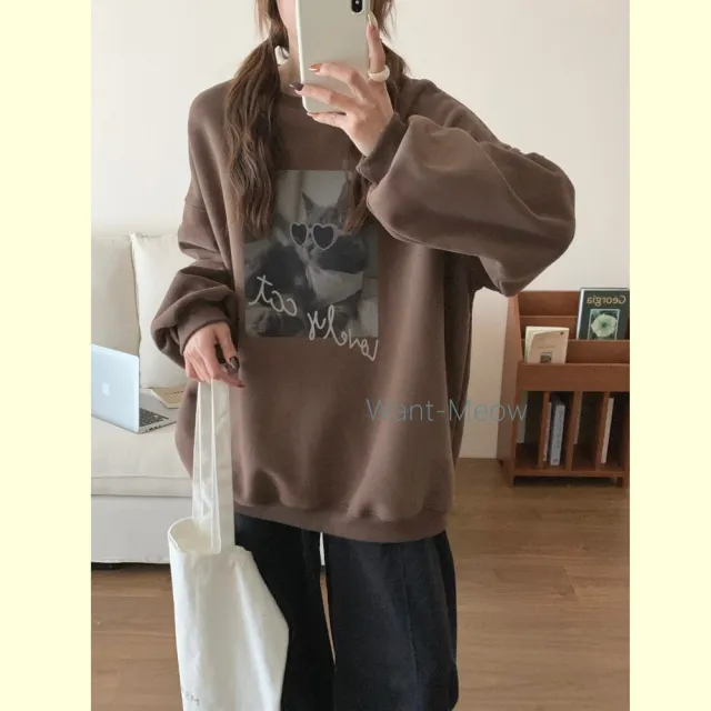 【Want-Meow】90公斤可穿/愛心墨鏡可愛喵!寬鬆長袖鋪棉大學T(大碼/大尺碼/加大碼/長袖鋪棉大學T)