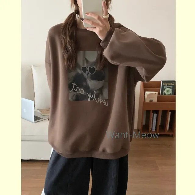 【Want-Meow】90公斤可穿/愛心墨鏡可愛喵!寬鬆長袖鋪棉大學T(大碼/大尺碼/加大碼/長袖鋪棉大學T)