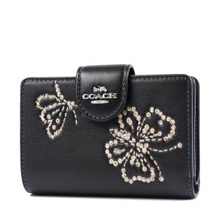 【COACH】繡線蝴蝶滑面皮革釦式中夾-黑色
