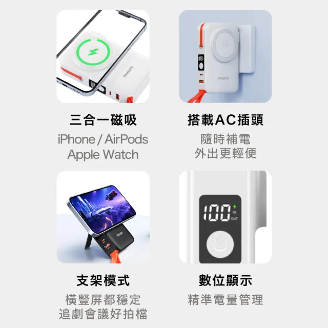 【Philips 飛利浦】DLP4352C 22.5W 10000mAh FunCube 3.0伸縮線多合一行動電源(LED顯示/具Wh標示)