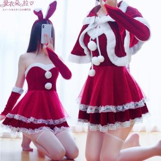 【愛衣朵拉】開運紅色兔女郎 平口洋裝+披肩斗篷(直播外拍攝影暖呼呼配件服飾)