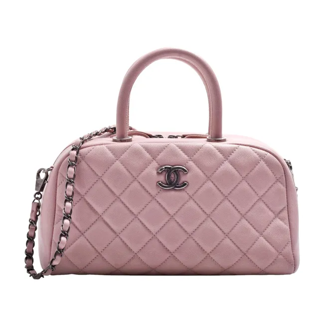 【CHANEL 香奈兒】經典仿舊雙C LOGO菱格粒紋牛皮手提保齡球包/斜背包(粉紫色44698C-PINK)