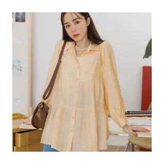 【OB 嚴選】純色抽皺排釦長版長袖襯衫罩衫洋裝 《AB16288》