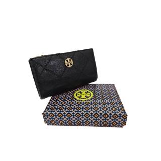 【TORY BURCH】TORY BURCH TB 金色LOGO菱格紋雙層拉鍊雙釦對開中長夾 黑色(送禮 贈原廠紙盒紙袋)