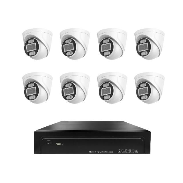 【iSecure】八路智慧雙光 DIY 監視器組合:一部八路 4K 超高清監控主機+八部智慧雙光 3MP 半球型攝影機