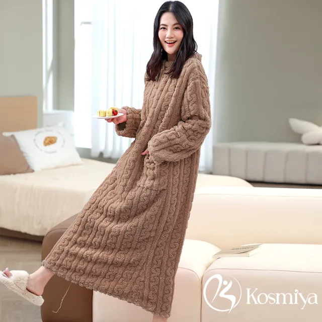 【Kosmiya】1套 多款任選 法蘭絨保暖可愛小熊睡袍/女睡衣/長袖睡衣/連身洋裝/洋裝/保暖睡衣(均碼/加大碼)