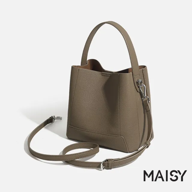 【MAISY】休閒百搭素面軟皮大容量單肩水桶包 斜跨包(米白/棕/棕灰/墨綠/黑)