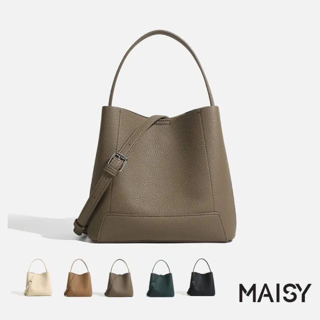 【MAISY】休閒百搭素面軟皮大容量單肩水桶包 斜跨包(米白/棕/棕灰/墨綠/黑)