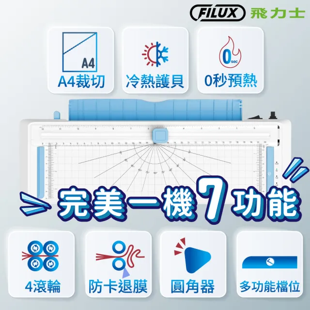 【FILUX 飛力士】即開即用 七合一 四滾輪裁切冷熱A4護貝機 LMTC-007HC(0秒免預熱 高速雙溫多功能護貝機)
