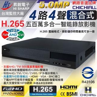 【CHICHIAU】H.265 5MP 4路4聲 台灣昇銳監控大廠 混合型數位高畫質監控錄影主機