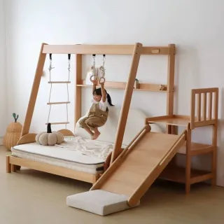 【Taoshop 淘家舖】實木兒童伸縮床｜鞦韆樹屋滑梯床｜多功能兒童房玩樂架｜滑梯墊高密度海棉｜QMO005