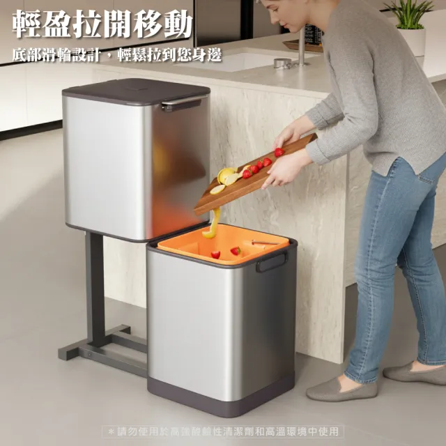 【ONE HOUSE】40L 格拉斯高質感靜音緩降不鏽鋼垃圾桶 _雙層 (踩踏垃圾桶/緩降垃圾桶)