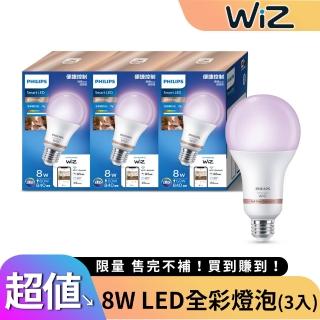 【Philips 飛利浦】WiZ 8W LED Wi-Fi 全綵燈泡(3入)