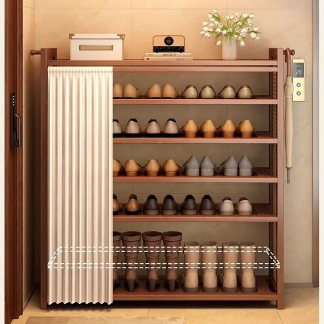 【Quality 聚家】玄關收納鞋架帶簾子透氣層架 六層款 多層家用門口鞋櫃(鞋櫃/鞋架/收納架/靠墻架/防塵架)