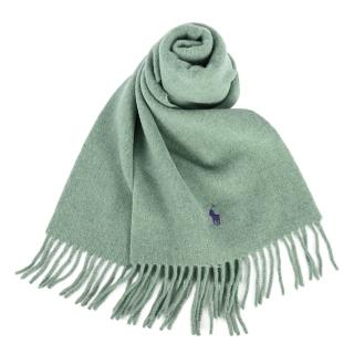 【RALPH LAUREN】POLO刺繡小馬素面純羊毛流蘇圍巾(湖水綠)