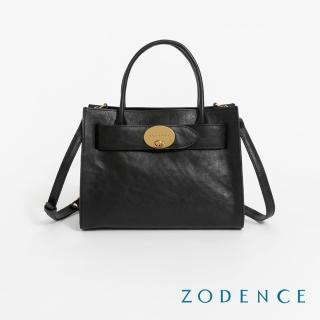 【ZODENCE 佐登司】MONA義大利植鞣革橫飾皮帶手提斜背包(深邃黑)