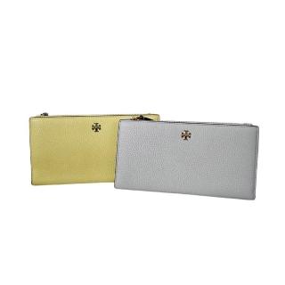 【TORY BURCH】TORY BURCH 經典LOGO牛皮荔枝紋薄對開拉鍊袋長夾 寶寶藍 鵝黃色(贈原廠紙袋七夕情人節)