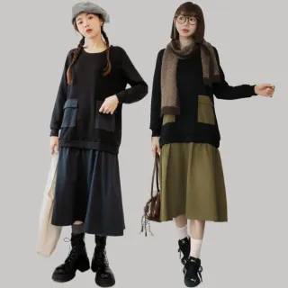 【OB 嚴選】假兩件配色口袋長袖洋裝 《DA8093》