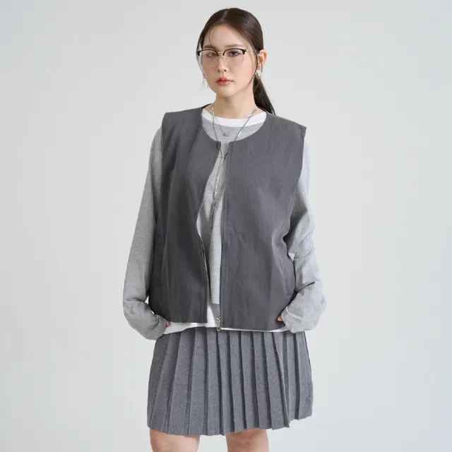 【M：MINb】西裝背心純棉長袖T恤兩件組(深灰/中大尺碼女裝/大尺碼女裝/XL女裝/上衣/大尺碼上衣/長袖上衣)