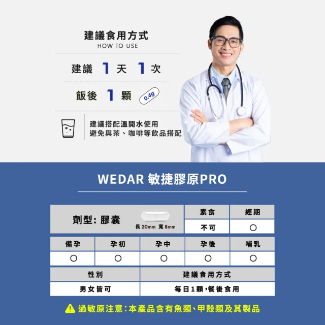 【Wedar 薇達】敏捷膠原膠囊PRO 6盒組(30顆/盒.葡萄糖胺.非變性二型膠原.玻尿酸.鮭魚鼻軟骨)