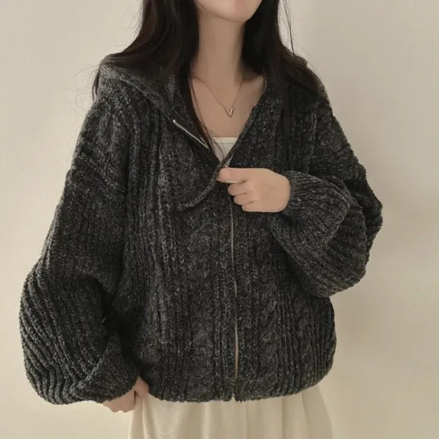 【D.studio】韓版休閒麻花針織連帽外套(毛衣針織上衣冬天女裝衣服保暖外套 保暖上衣冬天外套長袖上衣J414)