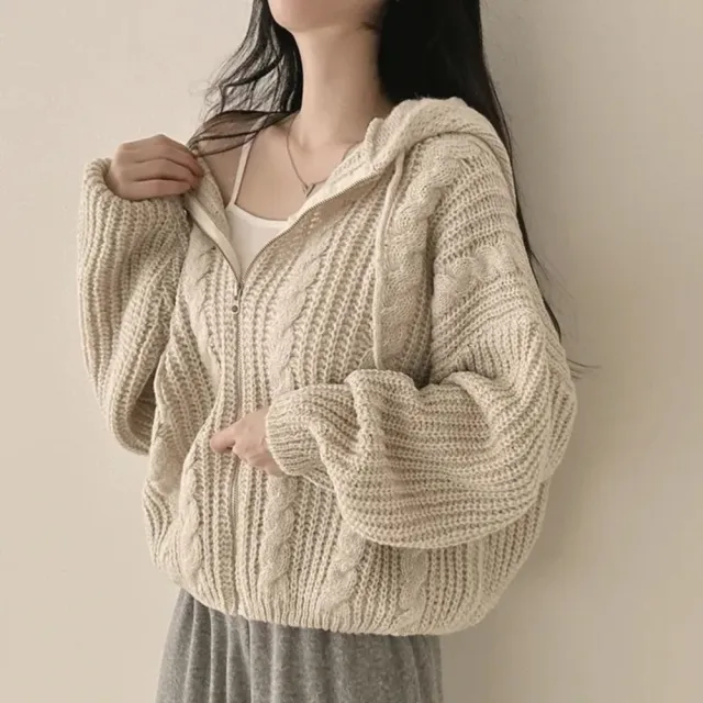 【D.studio】韓版休閒麻花針織連帽外套(毛衣針織上衣冬天女裝衣服保暖外套 保暖上衣冬天外套長袖上衣J414)