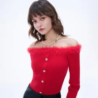 【MOMA】派對小辣椒羽毛紗船領針織上衣(兩色)