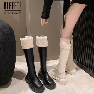 【Alberta】偏小 底厚4公分 筒高42 筒圍36cm 毛絨翻領長筒靴 長靴絨毛靴 翻毛厚底雪地靴 2色