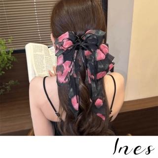 【INES】韓國設計法式復古雪紡紅玫瑰印花蝴蝶結飄帶抓夾 馬尾夾(雪紡抓夾 玫瑰抓夾 蝴蝶結抓夾)