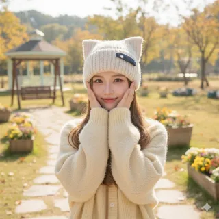 【HaNA 梨花】買一送一贈圍脖 MEOW~可愛貓耳牛仔蝴蝶結毛線帽(毛帽 秋冬百搭 貓耳)