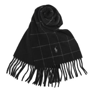 【RALPH LAUREN】POLO經典刺繡小馬格紋羊毛混紡流蘇圍巾(黑色)