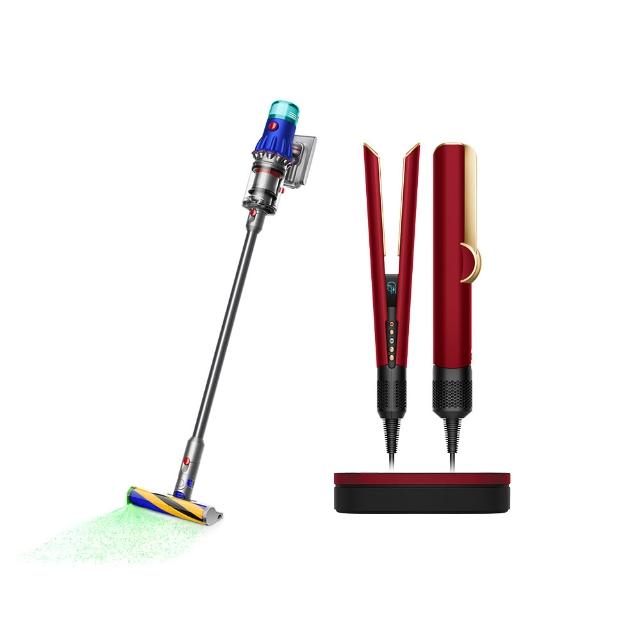 【dyson 戴森】V12強勁輕量智慧無線吸塵器 + HT01二合一吹風直髮器 吹風機 離子夾(絲絨紅 禮盒版)(超值組)
