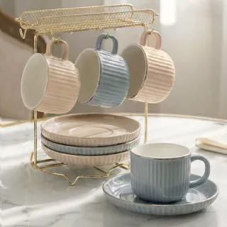 【Just Home】直條紋陶瓷咖啡杯盤8件組附收納架(120ml 濃縮咖啡杯 點心盤 下午茶 杯 盤)
