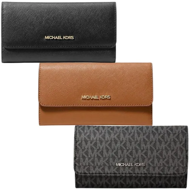 【Michael Kors】JET SET TRAVEL 多卡三折防刮中長夾-多色可選(mk 黑色 黑灰 咖啡 女夾 女長夾 女皮夾)