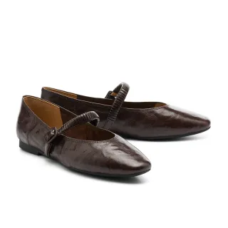 【HELENE_SPARK】復古優雅皺褶寬帶手抓花羊皮瑪莉珍平底鞋(咖)