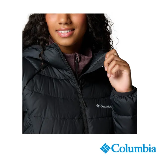 【Columbia 哥倫比亞】女款-保暖防潑填充長版連帽外套-Powder Lite™-黑色(UWR95750BK/JF)