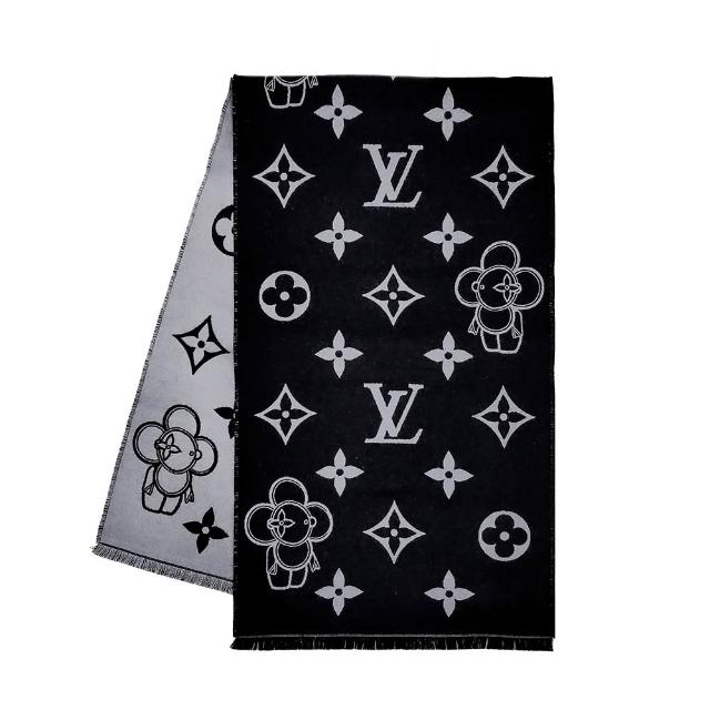 LV LOUIS VUITTON路易威登 M77973 Monogram Vivienne 黑/灰雙色老花繡花披圍巾