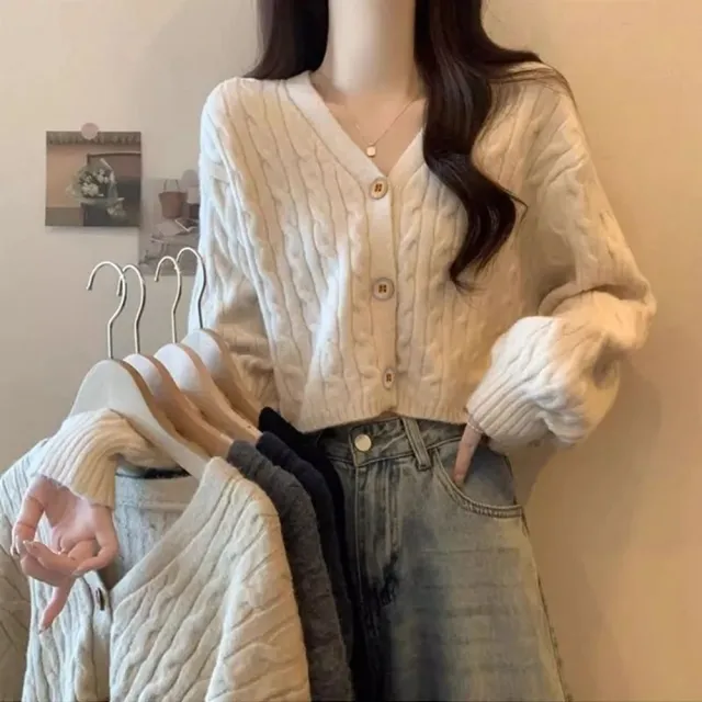 【D.studio】韓版麻花V領短版針織外套(毛衣針織上衣冬天女裝衣服保暖外套 保暖上衣冬天外套長袖上衣J401)