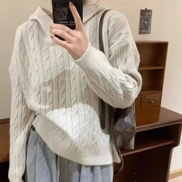 【D.studio】韓系慵懶風連帽麻花毛(針織上衣長袖t恤長袖上衣衣服 保暖上衣冬天女裝秋冬女裝發熱衣W678)